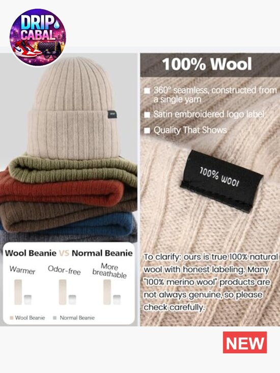 100% Wool Beanie for Men Women Warm Winter Hat Unisex  display picture 1